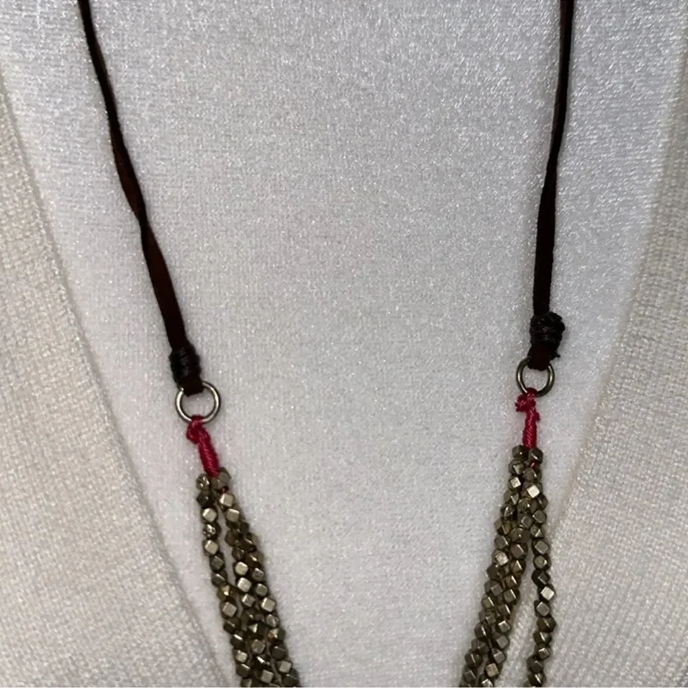AE Brown Leather Gold Tone Triple Strand Fuchsia Western Boho Necklace